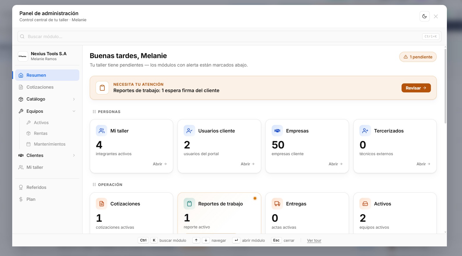Panel de administración de Nodux — Cotizaciones, Catálogo, Equipos, Rentas, Mantenimientos, Clientes y Plan en un solo lugar